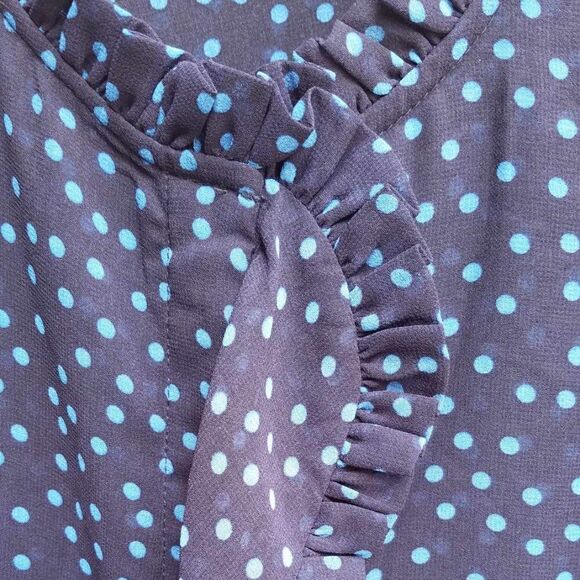Tarahi Black Blue Dot Sheer Long Sleeve Ruffle Front Blouse size Medium - Picture 9 of 13